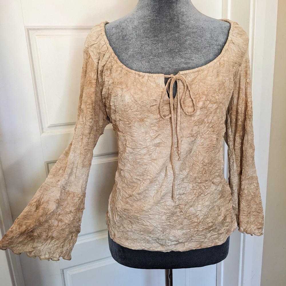 Vintage Y2K Milkmaid Bell Sleeve Top XL Tan Tie Dye Bohemian Festival Peasant
